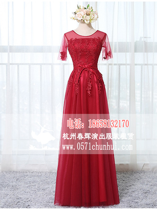 CLF 11721 晚礼服 酒红色长款礼服  酒红色短袖礼服