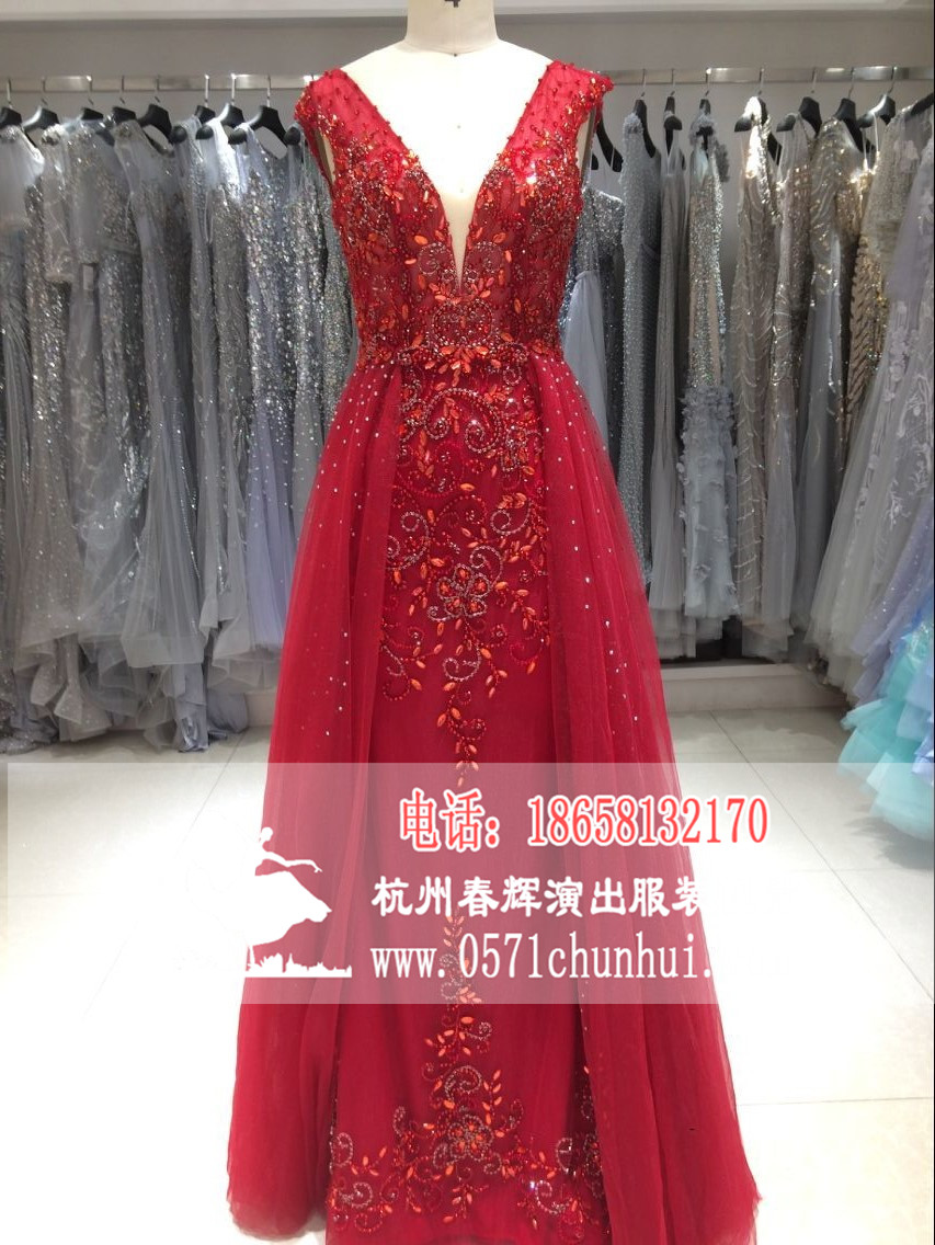 CLF 11904 女生晚礼服 长款主持服装 舞台走秀服装 高档重工钉珠礼服 酒红色